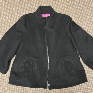 Betsey Johnson Black Wool Jacket with Floral Lining sz XL